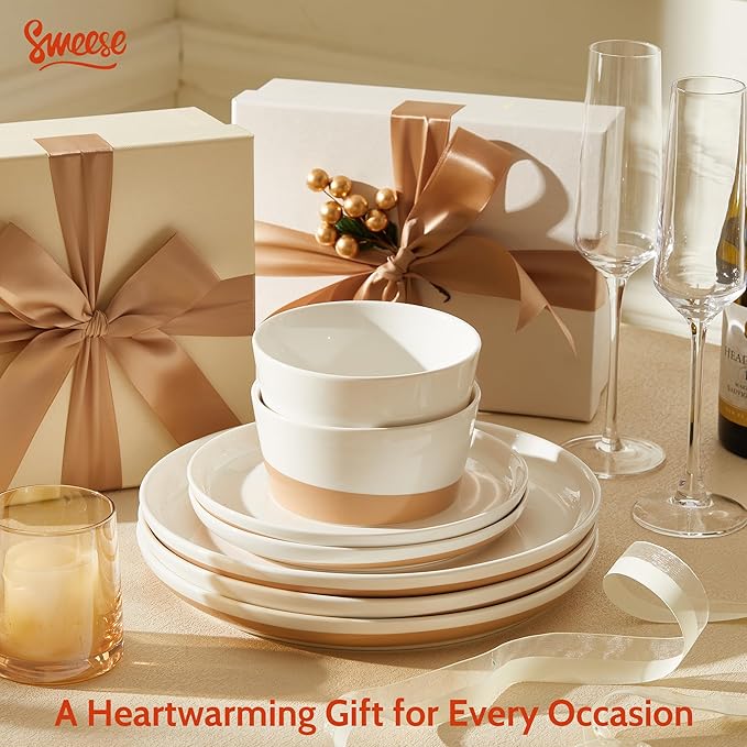 Sweese 18 Pieces Porcelain Dinnerware Set Modern Dish Set for 6 Hand Painted Kitchen Plates and Bowls Sets Scratch Resistant Dishware Sets Dishwasher &amp Microwave &amp Oven Safe Dinner Set Br