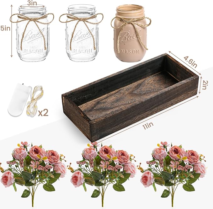 3 Pcs Mason Jar Centerpiece Table Decorations for Dining Table Decor Farmhouse Coffee Table Decor with Wood Tray and Led Light Table Centerpieces for Dining Room Kitchen Living BathroomPink