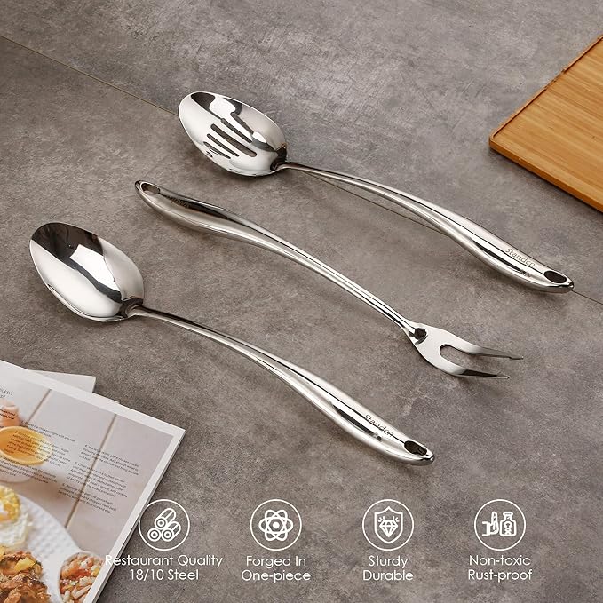 304 Stainless Steel Kitchen Utensil Set - 9 PCS Serving Utensils Cooking Utensil Solid Spoon Slotted Spoon Fork Spatula Ladle Skimmer Spoon Slotted Spatula Tunner Spaghetti Spoon Large Spoon