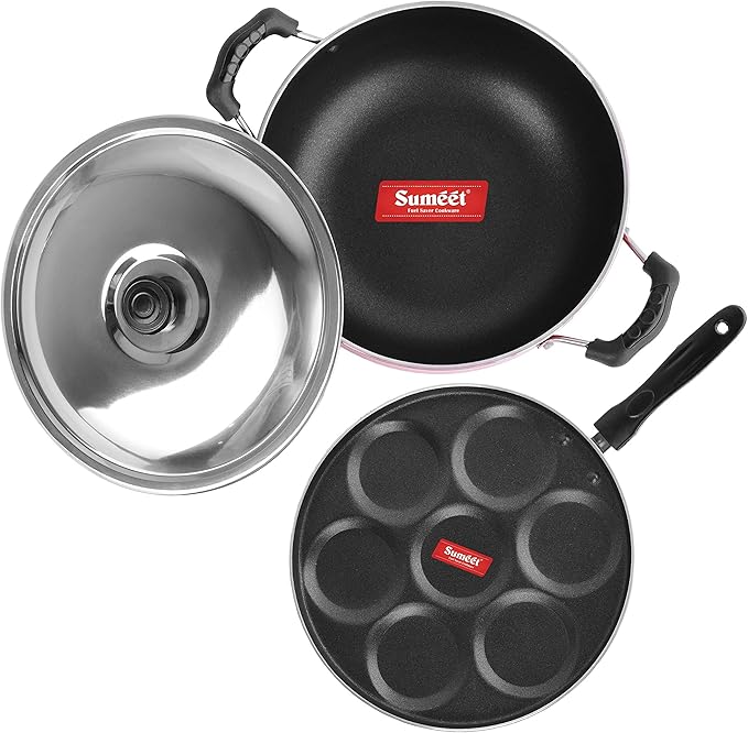 Sumeet 2.6mm Thick Non-Stick Rasberry Cookware set (Multi snack maker – 26.5cm Dia + Kadhai With Lid – 1.5Ltr capacity- 20cm Dia)