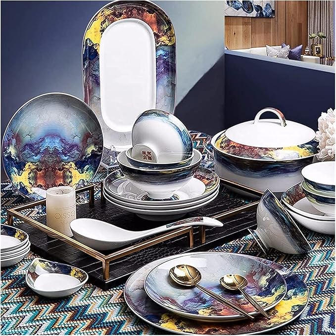 Dining Plate Set 56-Piece Dinnerware Sets American Light Luxury Plate and Bowl Set Ceramic Bone China High-end Dishware Sets for 10 People