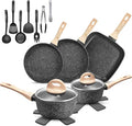 VOTTGO 19 Pcs Pots and Pans Set Non Stick Black Granite Induction Cookware Set Non Toxic Healthy RV Kitchen Cooking Set with Silicone Tools and Pot Protectors PFOA PFOS PFAS Free
