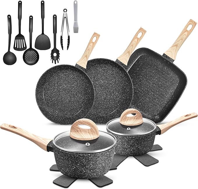 VOTTGO 19 Pcs Pots and Pans Set Non Stick Black Granite Induction Cookware Set Non Toxic Healthy RV Kitchen Cooking Set with Silicone Tools and Pot Protectors PFOA PFOS PFAS Free