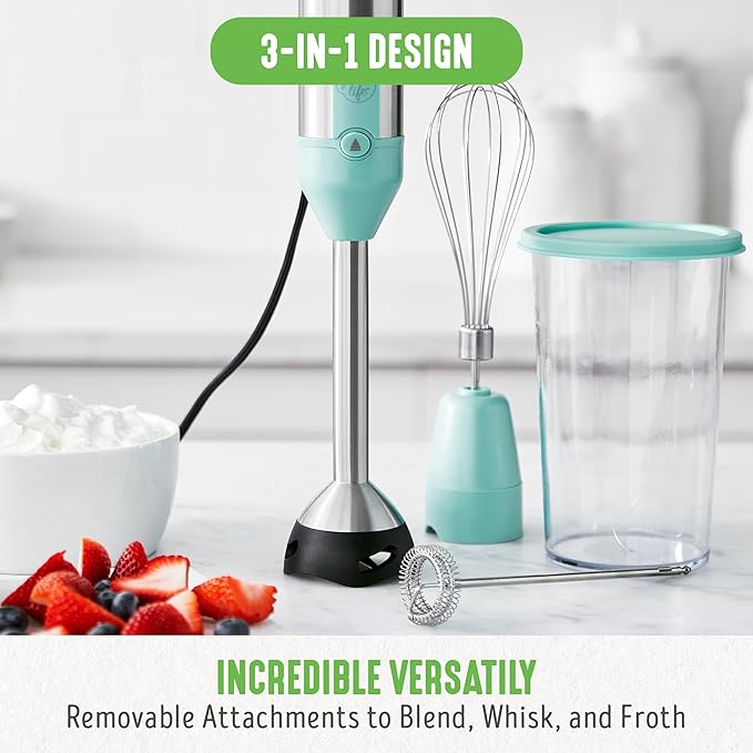GreenLife 500-Watt Immersion Electric Handheld Stick Blender with Stainless Steel Blades Whisk Frother Measuring Cup and Lid Soups Puree Cake Multi-Speed Control Portable Turquoise