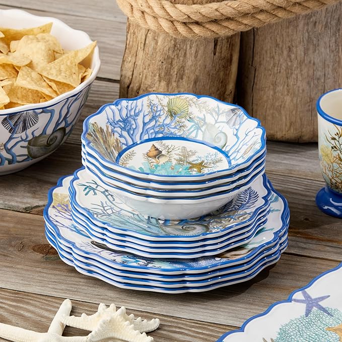Blue Lagoon Melamine 12-Piece Dinnerware Set – Coastal Coral and Shell Design Service for 4 – 11 Dinner Plates 9 Salad Plates and 28oz Bowls – Durable Lightweight BPA-Free Dishwasher SafE