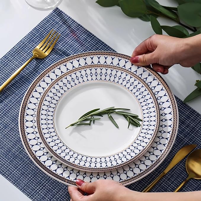 luxury porcelain plate sets for 6 24 pieces bone china dinnerware set blue and gold rhombus design vintage dishes set for party afternoon tea housewarming