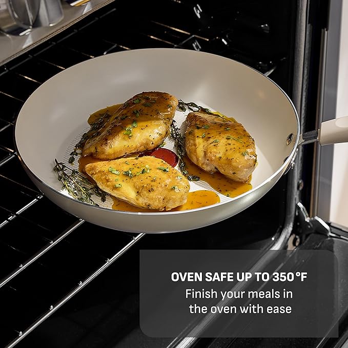 T-Fal Signature Nonstick 12 Piece Cookware Set Oven Safe Up to 350°F Dishwasher Safe Pots and Pans Set Includes Frying Pans Saucepan Stockpot Cooking Utensils Beige