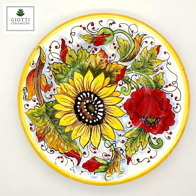 Italian Ceramic dinnerware set - Hand Painted kitchen Pasta Bowls sets for 4 - Made in ITALY Tuscany - Italian Pottery dinner plates - Home Decor Sunflower Poppies Ceramics dishes set - Service For 4
