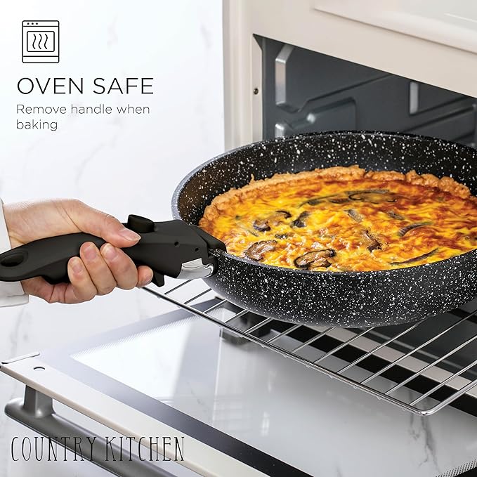 Country Kitchen Cookware Set with Removable Handle Oven &amp RV Safe Pots and Pans Set Black Deluxe Larger Set