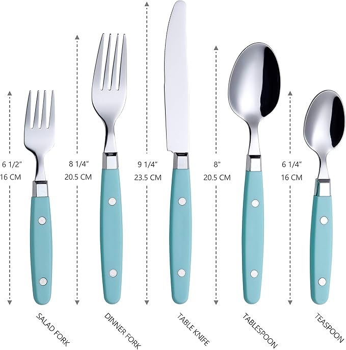 ANNOVA Silverware Set Retro/Rivet Colorful Stainless Steel Tableware Kitchen Flatware Set Utensils Includes Dinner Knives Forks Spoons Salad Forks &amp Dessert Spoons (Turquoise 20 Pieces)