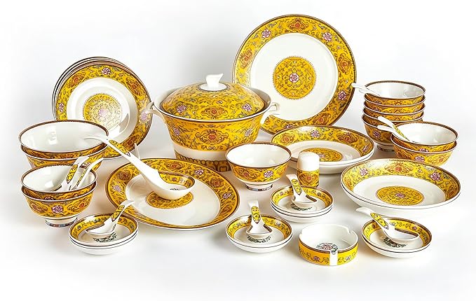 48 Piece Fine Bone China Dinnerware Set Royal Style Banquet Dinner Set Enamel Yellow