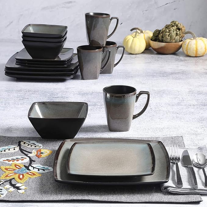 Gibson 101859.16RM Elite Tequesta 16 Piece Square Glazed Durable Dinnerware Set with Plates Bowls &amp Mugs Microwave/Dishwasher Ready Taupe (3 Pack)