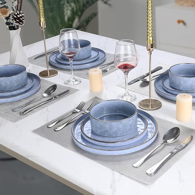 LIANYU 16-Piece Dinnerware Set Stoneware Dishes Ceramic Plates and Bowls Microwave &amp Dishwasher Safe Serenity Blue