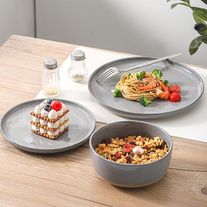 HASENSE Gray Dinner Plates Set of 4 and White Dinnerware Sets Bundle