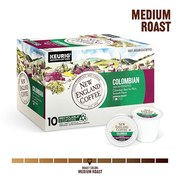 New England Coffee Colombian Decaffeinated Medium Roast Single Serve Pods 10ct Box (Pack of 6)