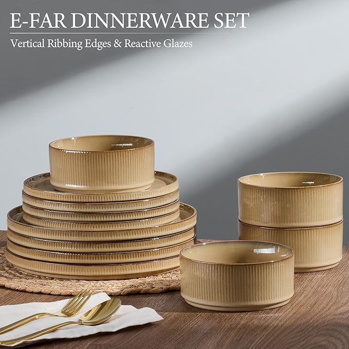 E-far 16 Piece Dinnerware Sets Plates and Bowls with Pasta Bowls Service for 4 Modern Stoneware Ribbed Dishes for Kitchen Dining Microwave &amp Dishwasher Safe Caramel Khaki