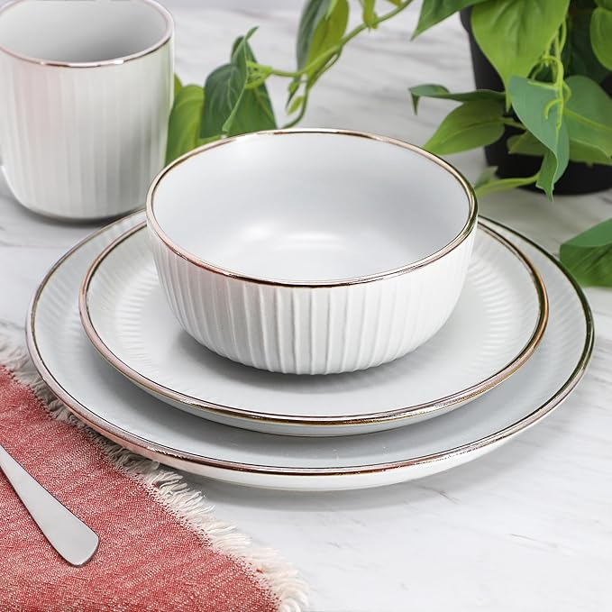 Elama Leo 16 Piece Stoneware Dinnerware Set In White
