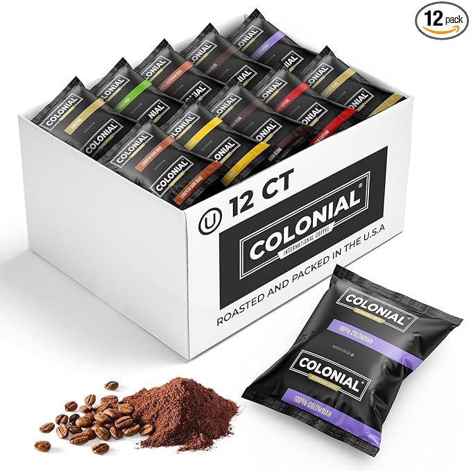Colonial Coffee 12 Count Single Pot Coffee Packets – Assorted Variety Pack Medium &amp Dark Roast Blends | Pre-Measured Frac Packs for 12 Cup Maker | Bulk Ground Gourmet Coffee for Home &amp Office