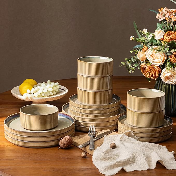GBHOME Stoneware Dinnerware Sets for 4 12 Pieces Ceramic Ribbed Plates and Bowls Set Reactive Glaze Stackable Plate Sets Scratch Resistant Dishes Microwave &amp Dishwasher Safe Linen