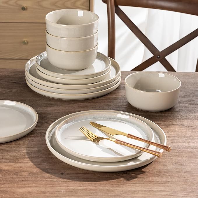 AmorArc Stoneware Dinnerware Sets for 4Round Reactive Glaze Ceramic Plates and Bowls SetHighly Scrath Resistant | Dishwasher &amp Microwave Safe Dishes SetService for 4 (12pc)