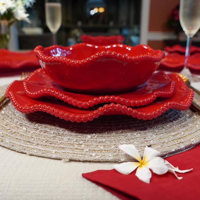 Perlette Red Melamine Dinnerware Set – 12-Piece Scalloped Plates &amp Bowls Vibrant Glossy Finish Elegant Beaded Rim Durable &amp Lightweight – Service for 4 Indoor/Outdoor Use
