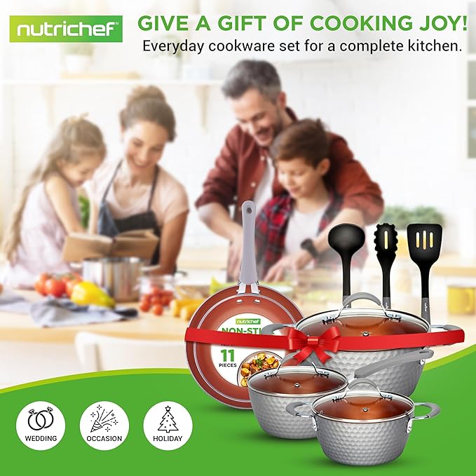 NutriChef 11 Pc Nonstick Cookware - PTFE/PFOA/PFOS Free Kitchenware Pots &amp Pans Set with Saucepan Frying Pans Cooking Pots Lids Utensils Gray