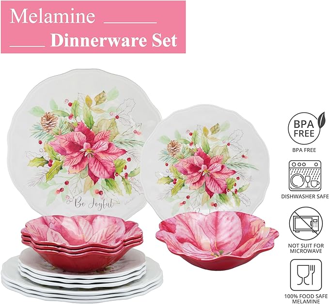 UPware 12 Piece Joyful Holiday Melamine Dinnerware Sets Outdoor Dishes Set Plates and Bowls Sets Christmas Decorations Service for 4 Red