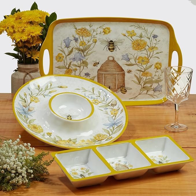 Unknown1 Bee Sweet 12-Piece Dinnerware Set Service for 4 Multi Color Off/White Yellow Floral Country Round 12 Piece Dishwasher Safe