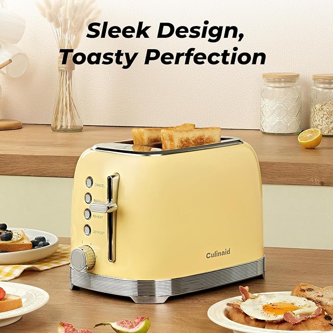 Toaster 2 Slice Retro Stainless Steel with 1.5” Extra Wide Slots Bagel Defrost Reheat Cancel Functions 6 Bread Shade Settings Removable Crumb Tray Yellow