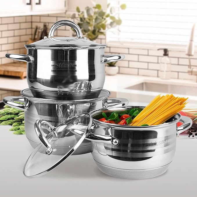 Maestro MR-3513-8 Stainless Steel Cookware Set 8 Pieces Induction 4 Saucepans 4 Glass Lids Suitable for All Kinds of Kitchens Dishwasher Safe