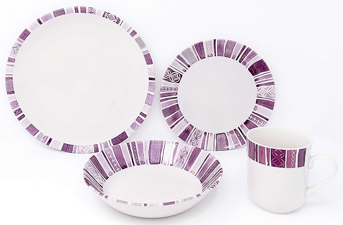 Tudor 16-Piece Premium Quality Round Porcelain Dinnerware SetBOHEME PURPLE Service for 4 See 10 Designs Inside!