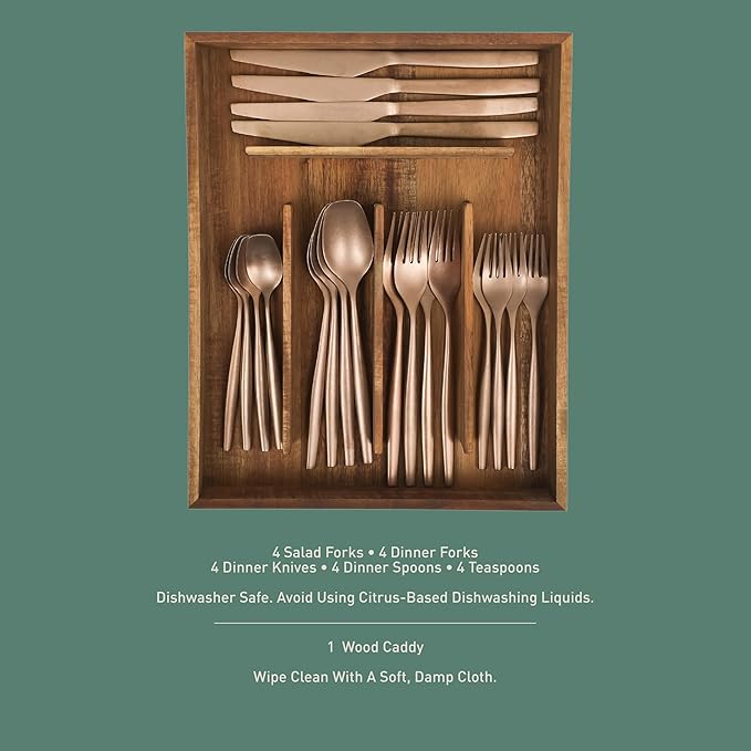 Bloomhouse - Two Time Oprah's Favorite Things Winner - 20 Piece Stone Washed Rose Gold Flatware 18/10 Stainless Steel Silverware Cutlery Utensil Set With Acacia Wood Caddy - Service for 4