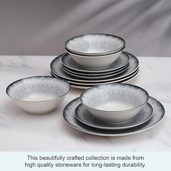 Mikasa Matteo 12 Piece Dinnerware Plate Bowl Set Servie for 4 Gray