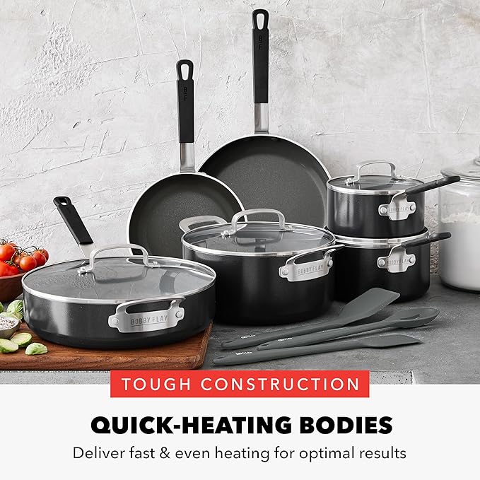 GreenPan x Bobby Flay 13 Piece Nonstick Cookware Pots and Pans Set PFAS-Free Diamond Ceramic Induction Suitable Easy Clean Dishwasher &amp Oven Safe Stay-Cool Silicone Handles Glass Lids Black