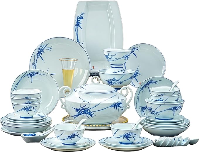 Fine Bone China Dinnerware Set Porcelain &ampCeramic Dinnerware SetsBone Stoneware &amp Ceramic Cookware Tableware Set Includes Dinner Plates|Spoons|Pasta Bowls|Soup Pot|Chopsticks (56 PCS)