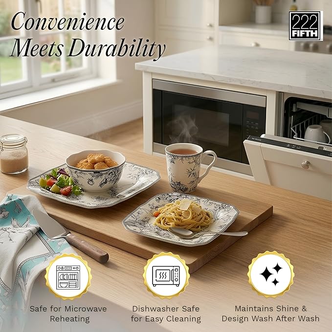 222 Fifth Adelaide 16-Piece Square Floral Dinnerware Set – Service for 4 Grey &amp White Porcelain Plates &amp Bowls for Everyday Dining &amp Entertainment Microwave &amp Dishwasher Safe Chip