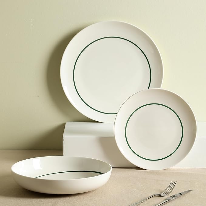 Stone Lain Luna 24-Piece Porcelain Dinnerware Set Plates and Bowls Set Dish Set for 8 Green