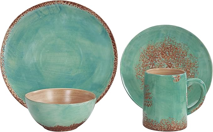 Paseo Road Patina Turquoise 16 Piece Ceramic Southwestern Rustic Cabin Dinnerware Set with Plates Bowls and Mugs