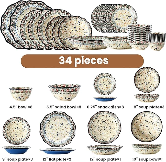 Dinnerware Sets - Luxury Gift Dishes Service Set Ceramics Dinnerware Set Bohemian Style Porcelain Dinner Sets of 34 | Folk-Custom Cereal Bowl and Steak Plate Set for Wedding Gift(A)