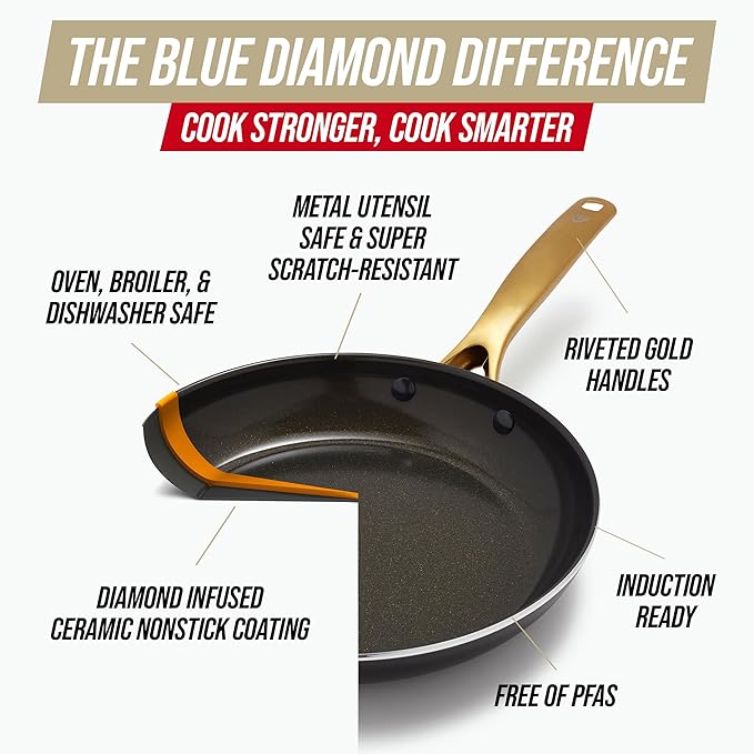 Blue Diamond 14 Piece Induction Nonstick Cookware Set Diamond Infused PFAS-Free Ceramic Nonstick Pots &amp Pans Durable Metal Utensil Safe Dishwasher Safe Oven &amp Broiler to 600F Black/Gold