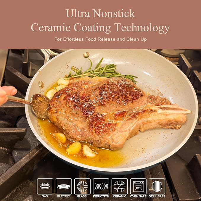 Ceramic Cookware Set Nonstick Ceramic Pots and Pans Non Toxic Frying Pans Sauce Pan Saute Pan with Lid Stay-Cool Handles Dishwasher &amp Oven Safe Compatible with All Cooktops