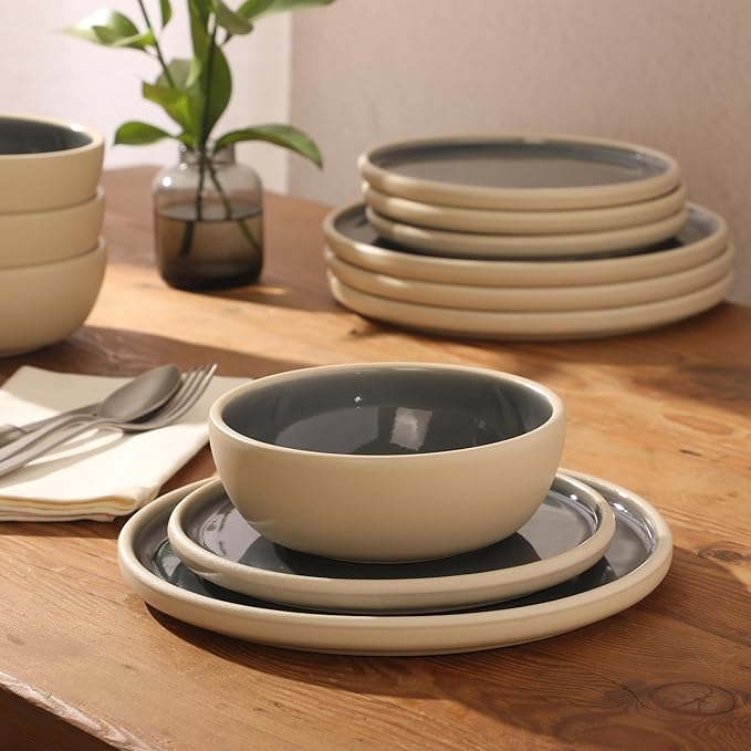 Gibson Elite - Made in Portugal - Port Gaia 12 Piece (Service for 4) Plates and Bowls Reactive Glaze Dishes Stoneware Ceramic Dinnerware Set - Blue