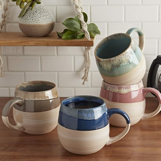 Tabletops Gallery Tuscan Reactive Glaze Stoneware- Platter Serving Bowl Mixing Bowl Mug Tuscan 26 Ounce Jumbo Oversized Mugs (Set of 4- Blue Green Brown and Pink)