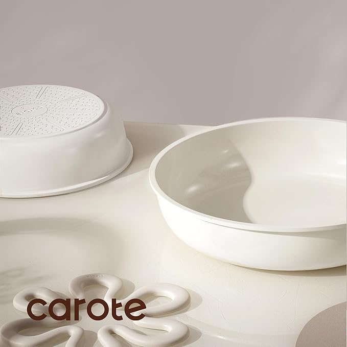 CAROTE 18Pcs Ceramic Cookware Set with Detachable Handle Pots and Pans Set Non Stick Non Toxic Kitchen Cooking Sets with Stand-Up Lid PFAS and PFOA Free Oven Safe Induction Ready Cream White