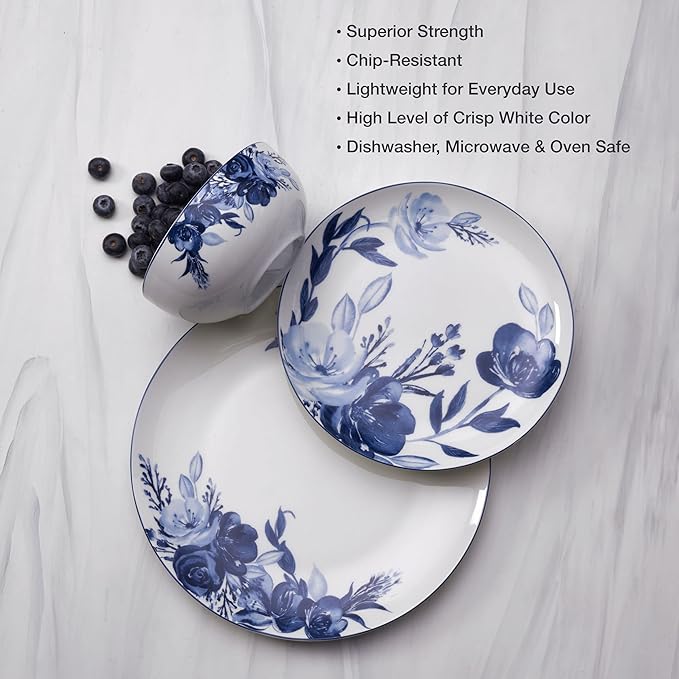 Mikasa Darcy Bone China Lightweight Chip Resistant 12 Piece Dinnerware Set Service for 4Blue and White