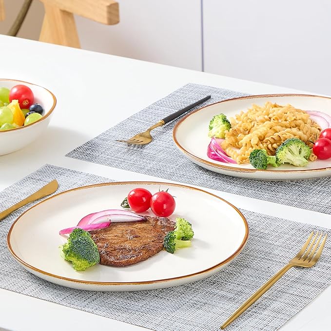 Bestone 12 Pieces Round Kitchen Dinnerware SetsPlates and Bowls SetsDishes Plates Bowls Dish Set Chip Resistant Ceramic Dinnerware Set Dishwasher/Microwave SafeService for 4Pearl White