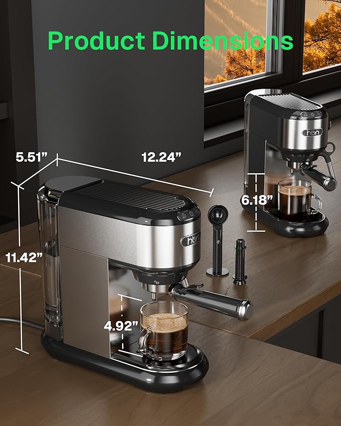HBN 20 Bar Espresso Machine with Milk Frother Compact Espresso Maker for Ground Coffee Stainless Steel Coffee Machine with Steam Wand &amp 34oz Removable Water Tank 1450W for Home &amp Office