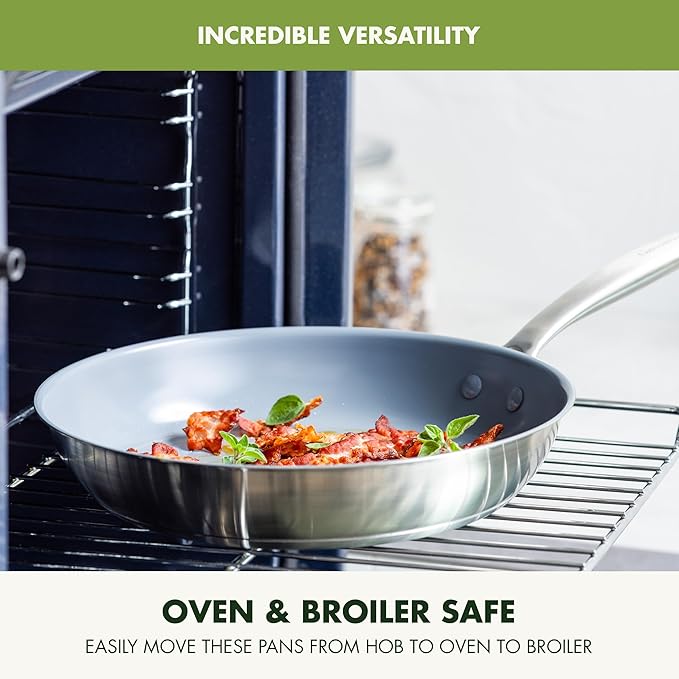 GreenPan Treviso 10 Piece Cookware Set Non-Toxic PFAS-Free Stainless Steel Ceramic Nonstick Coating Induction Suitable Pots Pans Lids Sauté &amp Saucepans Multi Clad Dishwasher &amp Oven Safe