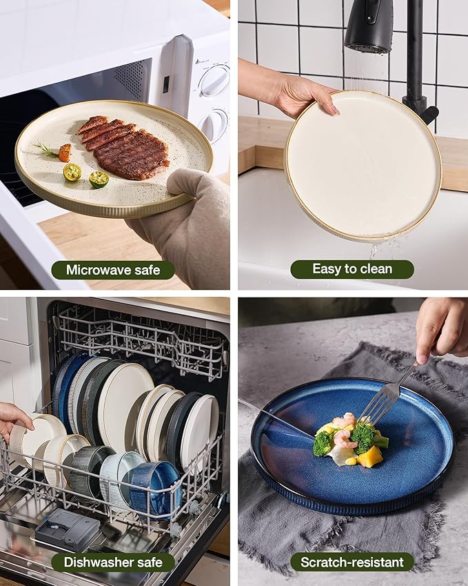 Famiware Star Dinnerware Set Plates and Bowls Sets for 8 (24pcs) Ribbed Stoneware Dishes - Chip &amp Scratch Resistant Microwave &amp Dishwasher Safe Tableware White