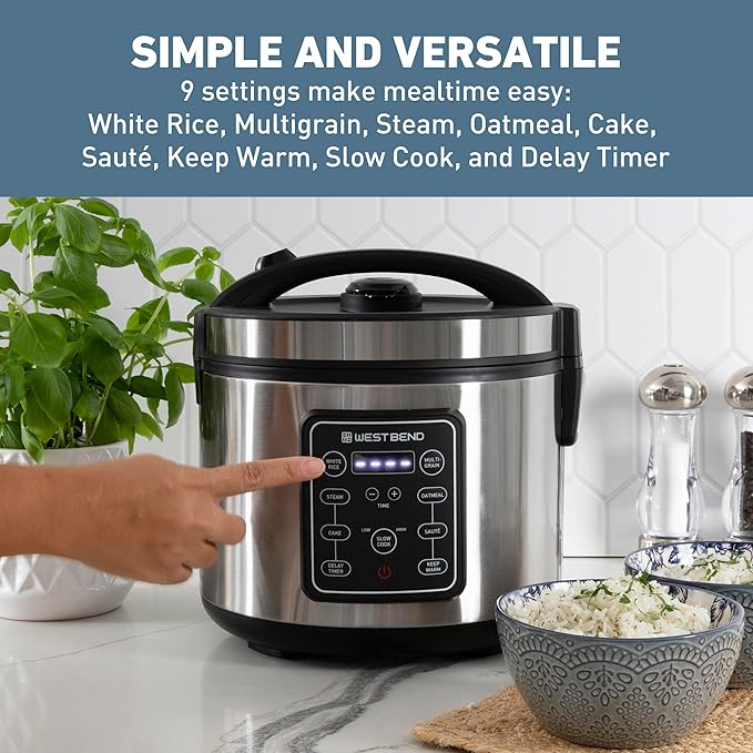 West Bend Rice &amp Grain Multi Cooker Programmable with 9 Preset Functions Features Delay Start and Keep Warm Functions and Steam Basket 20 Cups Cooked (10 cups uncooked) Stainless Steel
